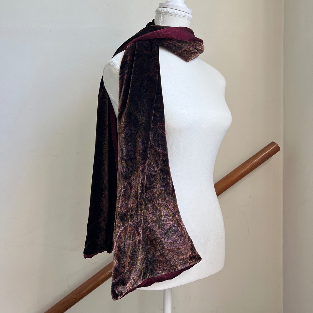 Caron Miller Velvet Scarf OS Burgundy Paisley Whimsygoth Bohemian 90s